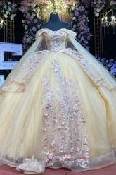 Champagne Ball Gown Off-Shoulder Sleeveless Tulle Dress with Beaded 3D Floral Appliques for Quinceanera Sweet 16 & Evening Galas